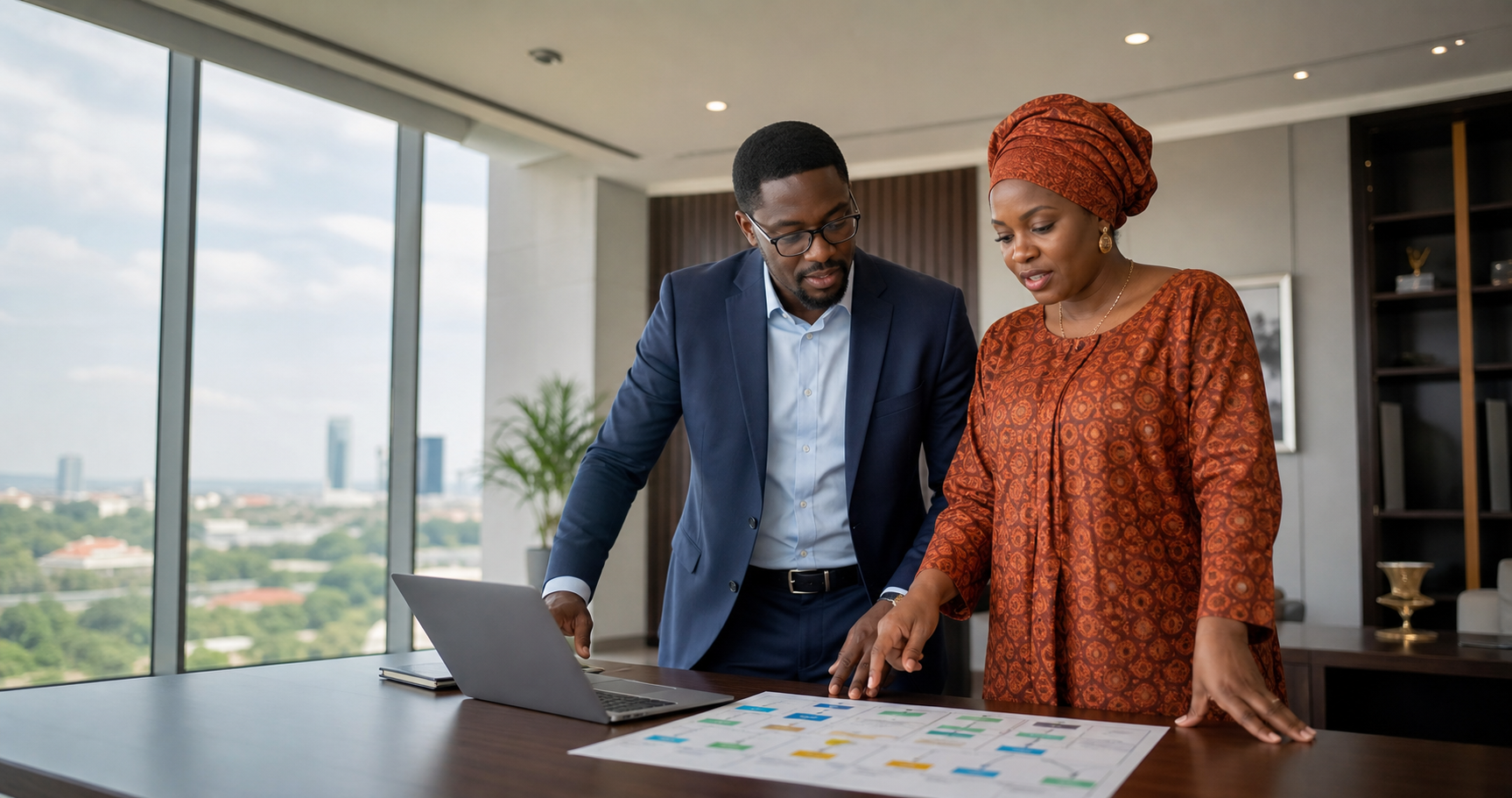 Abuja Nigerian business leader and AI consultant reviewing an operations workflow