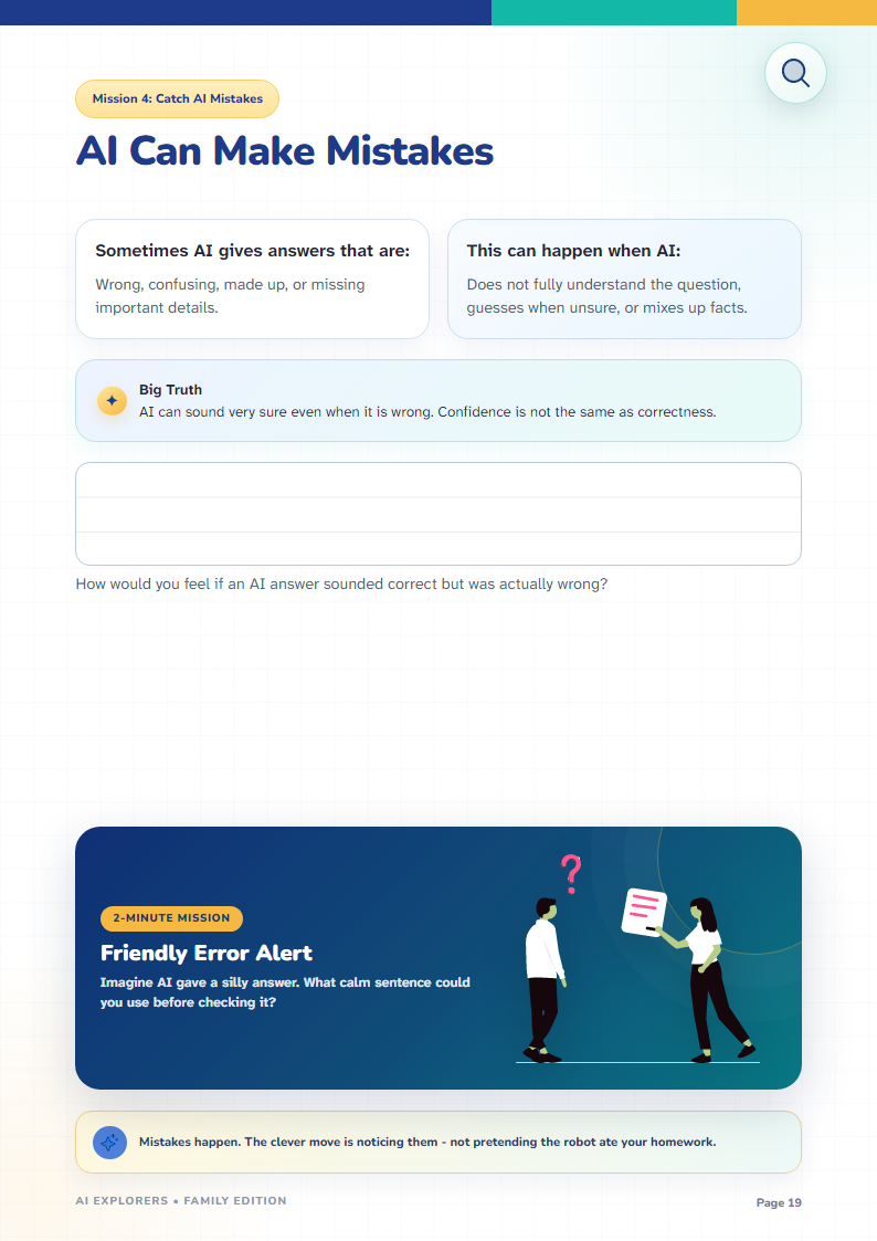 AI Explorers workbook activity explaining that AI can make mistakes
