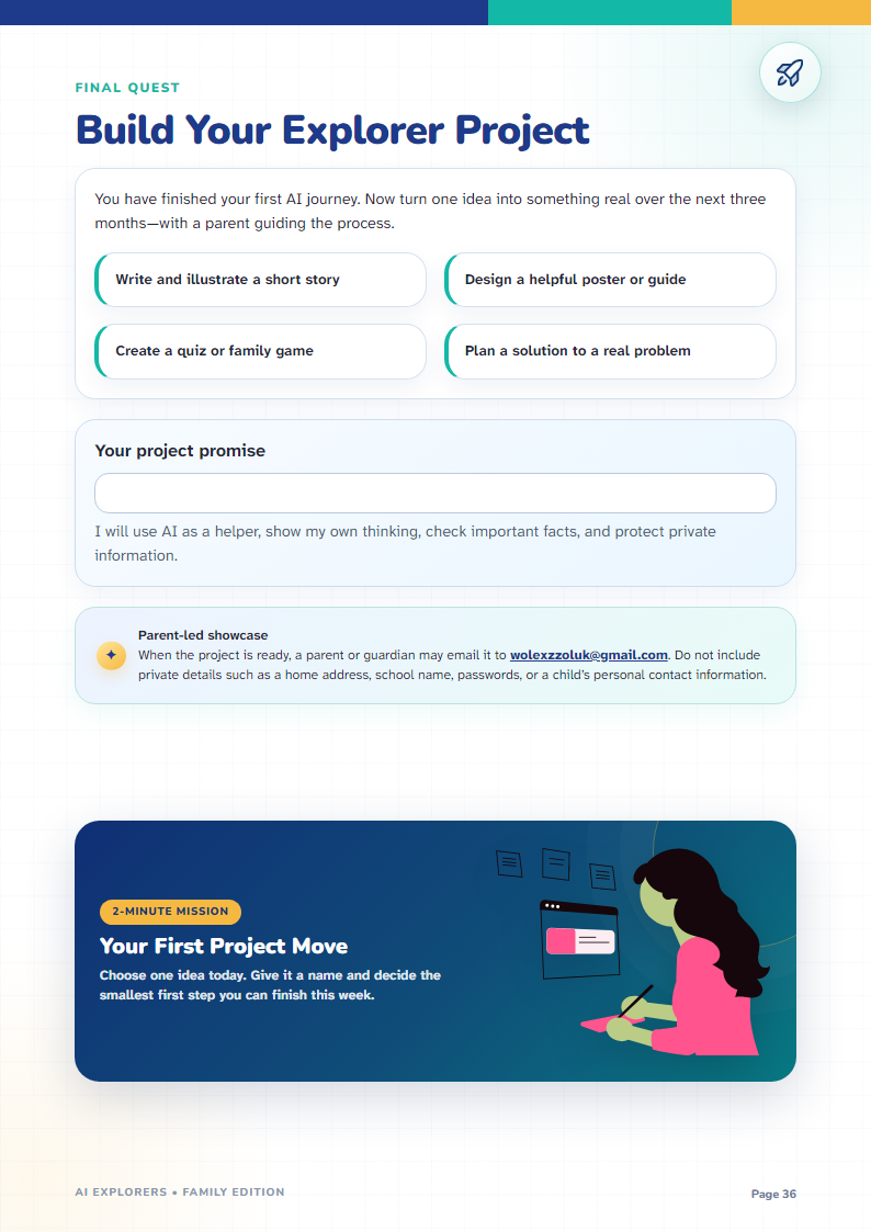AI Explorers project page showing choices for a child to build a story, poster, game or problem-solving plan