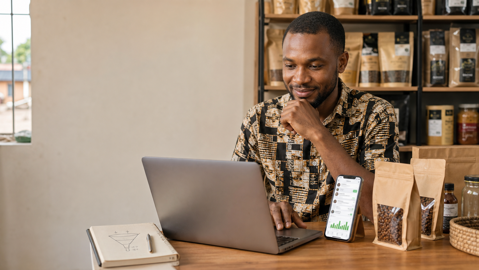 Nigerian business owner reviewing a customer growth plan with a laptop and smartphone