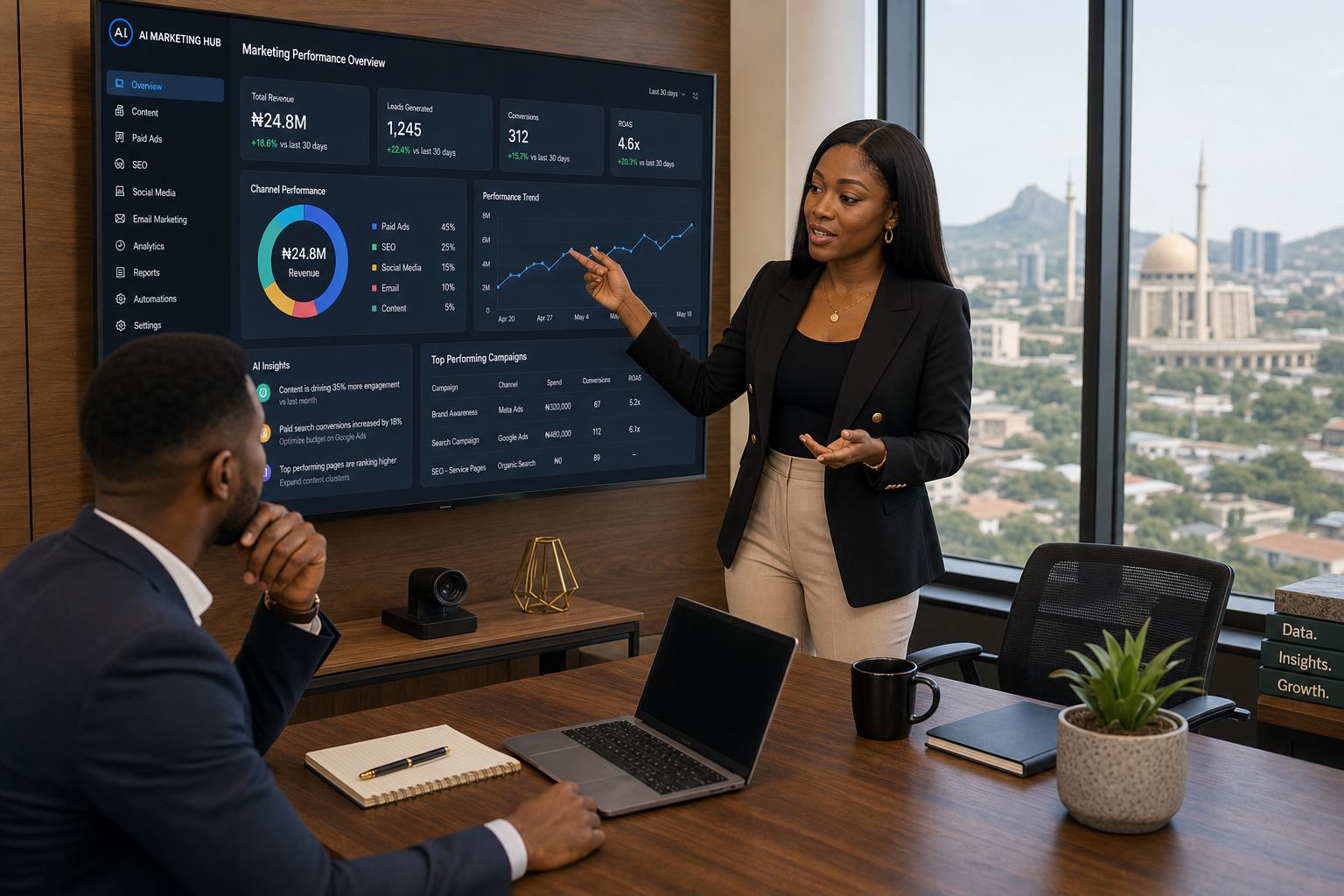 Abuja marketing consultant presenting an AI marketing strategy dashboard to a client