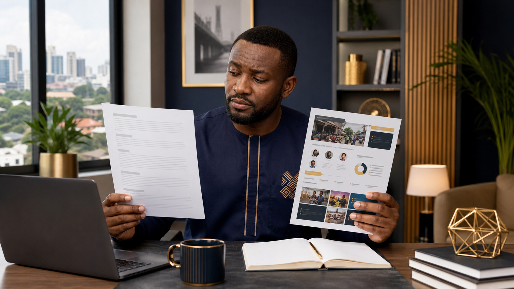 Nigerian marketing strategist and business owner comparing generic and brand-specific AI content drafts