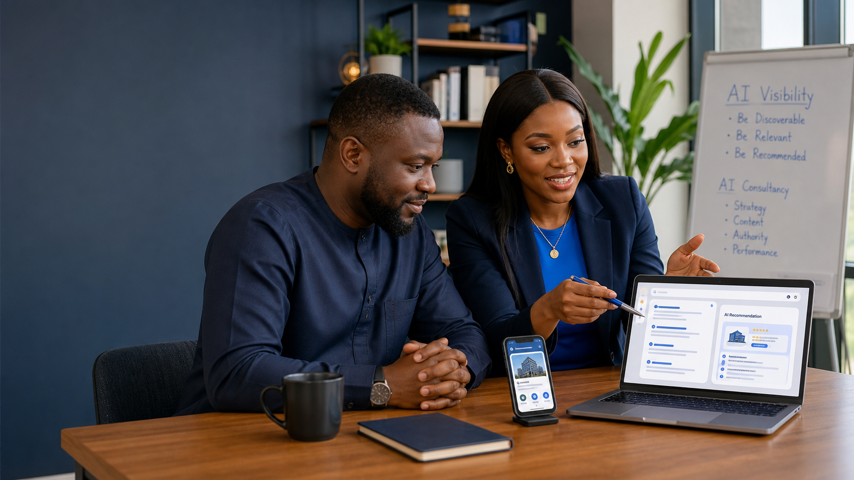 Nigerian business owner and marketing strategist reviewing an AI search recommendation and business visibility plan