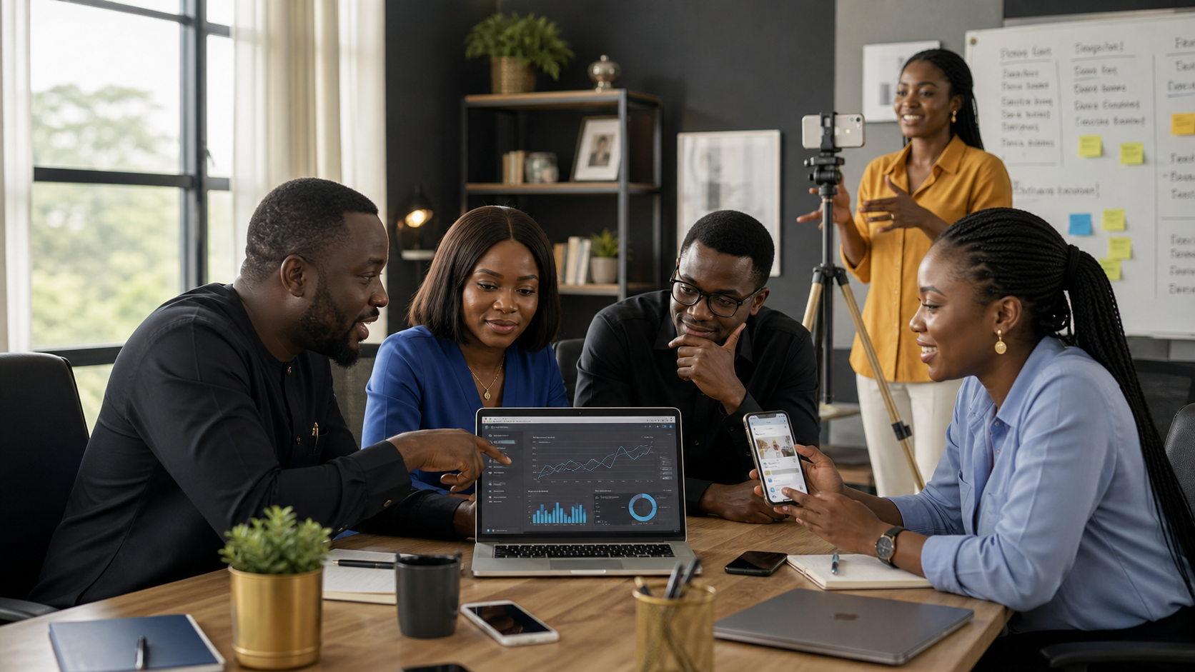Nigerian app founder and marketing team reviewing a user-acquisition plan with smartphones, a laptop and a creator filming UGC