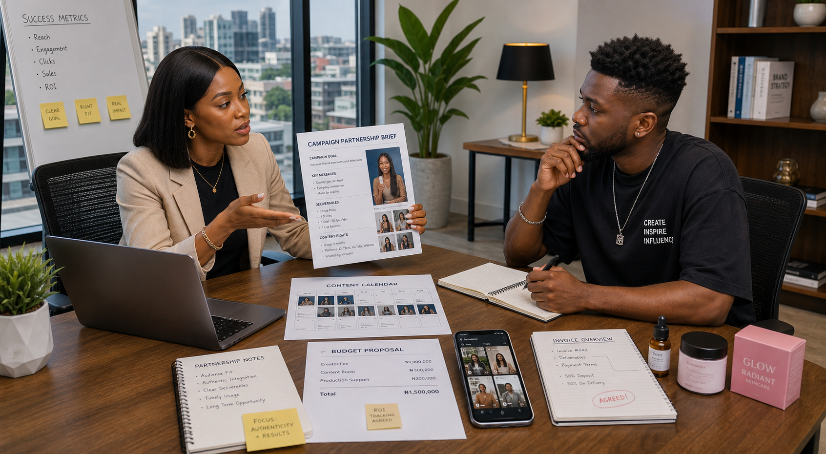 Nigerian marketing lead and creator reviewing a campaign brief, budget, and partnership terms in a Lagos meeting room