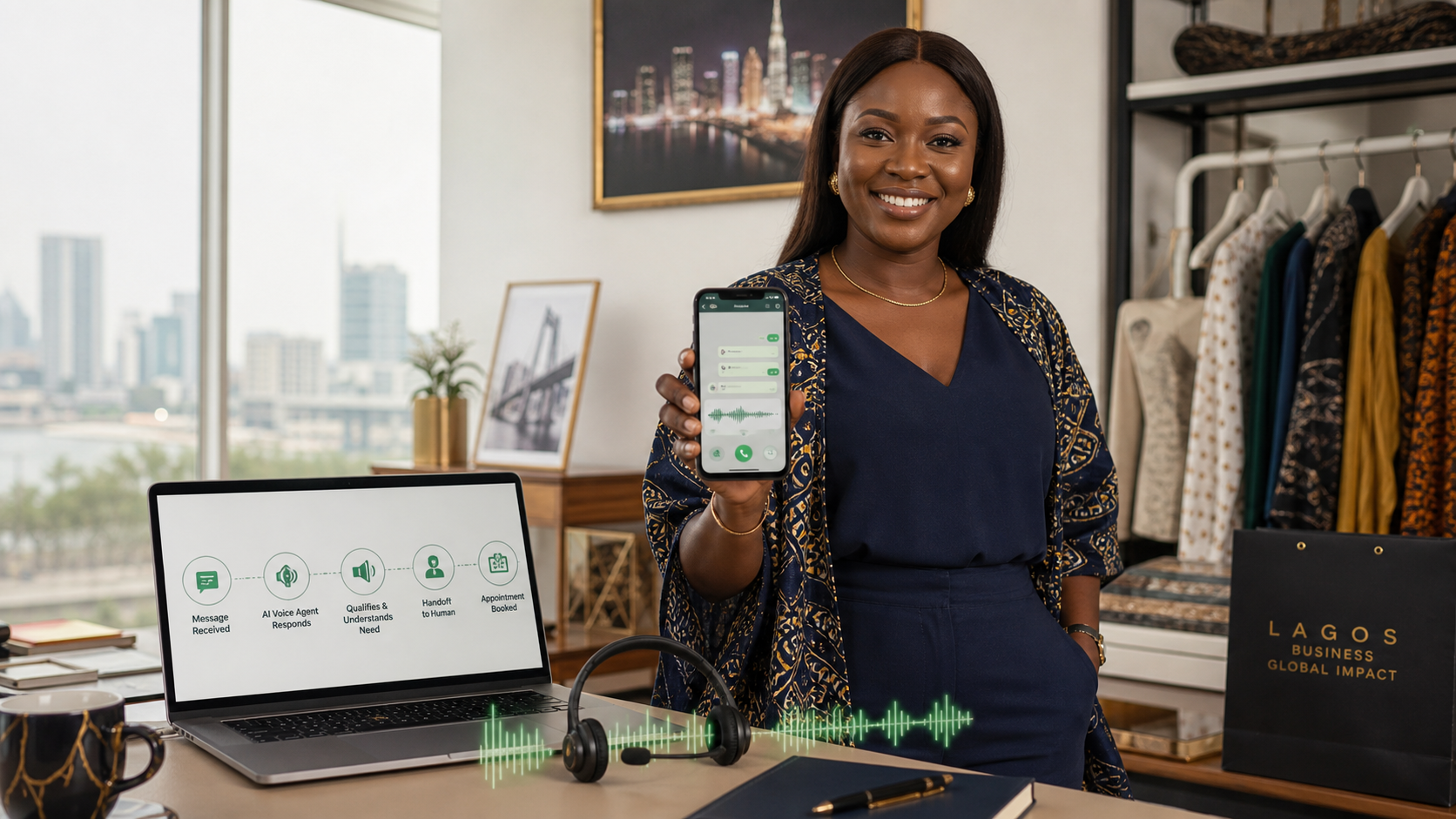 Nigerian business owner using an ElevenLabs-style AI agent on WhatsApp for messages, voice and customer follow-up