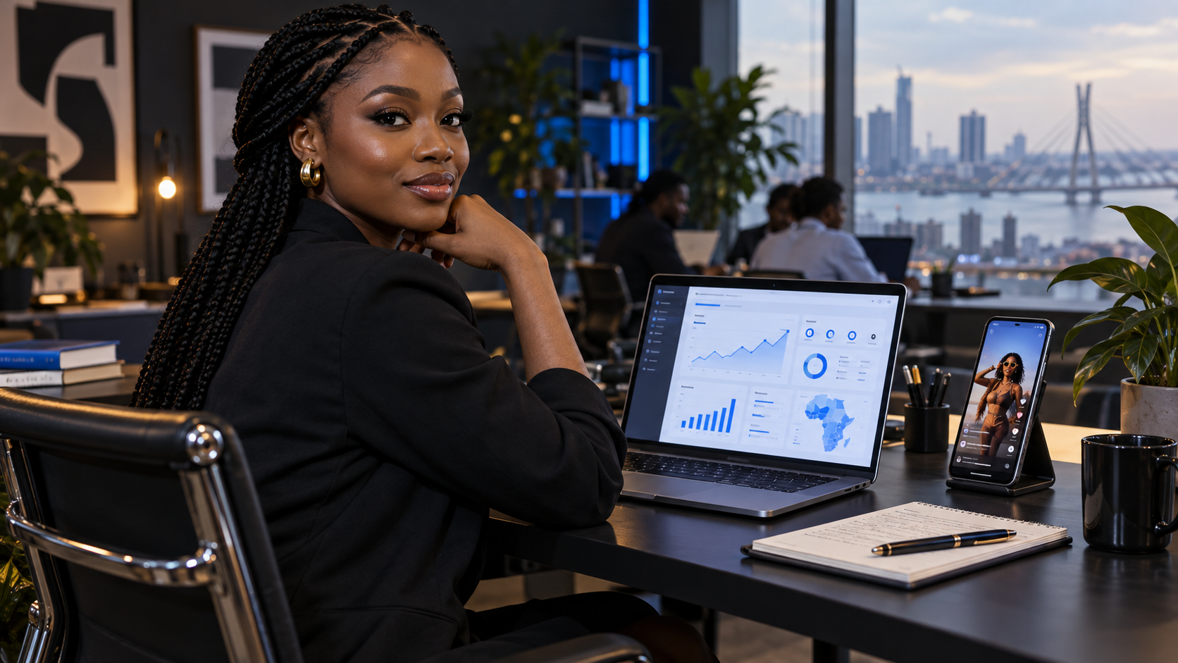 Nigerian growth marketer reviewing paid-search performance and vertical video creative