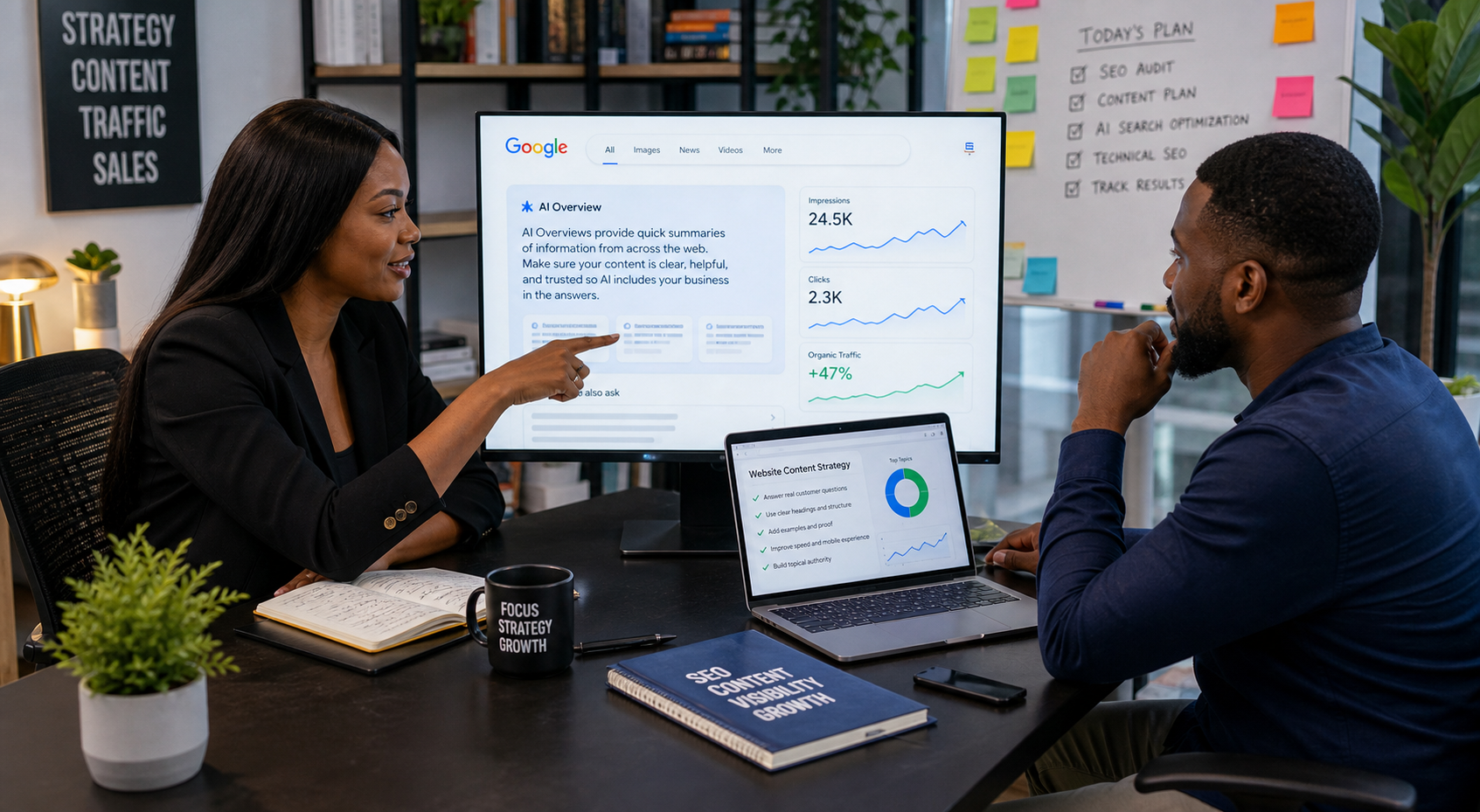 Nigerian SEO strategist and business owner reviewing Google AI search visibility and website content strategy