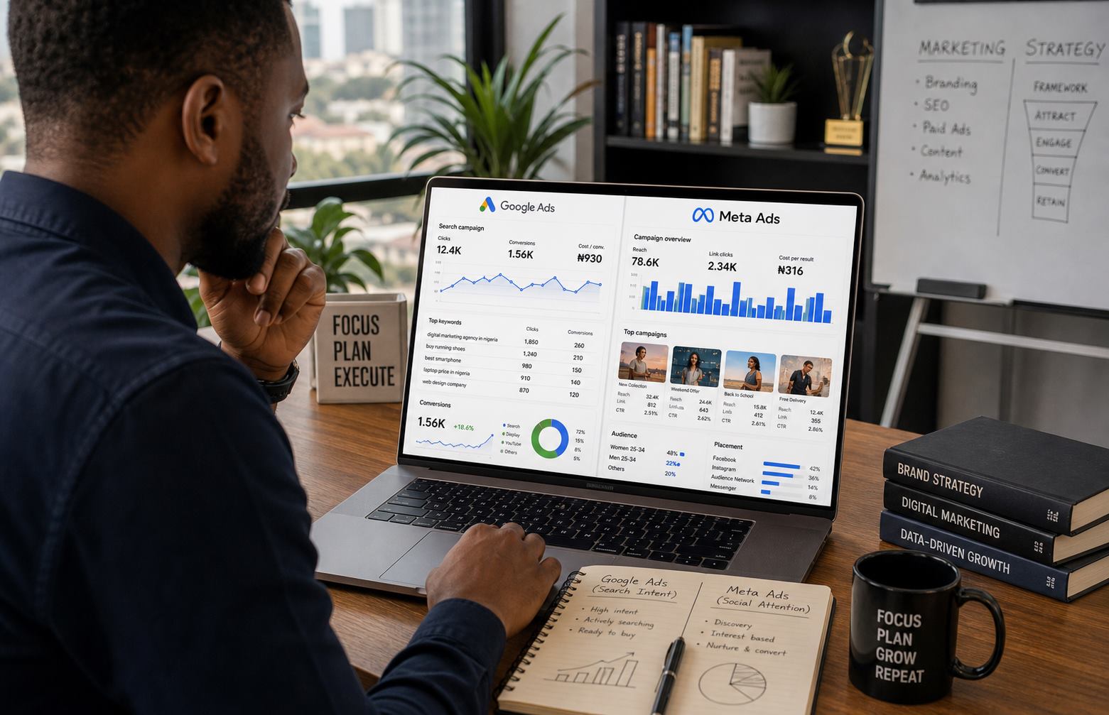 Nigerian marketer comparing Google Ads and Meta Ads dashboards on a laptop