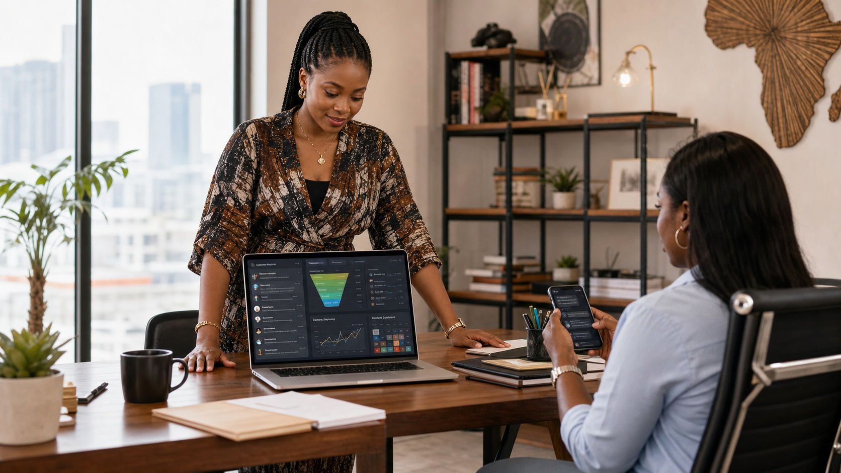 Nigerian business team using an AI workflow to organise customer enquiries and marketing performance