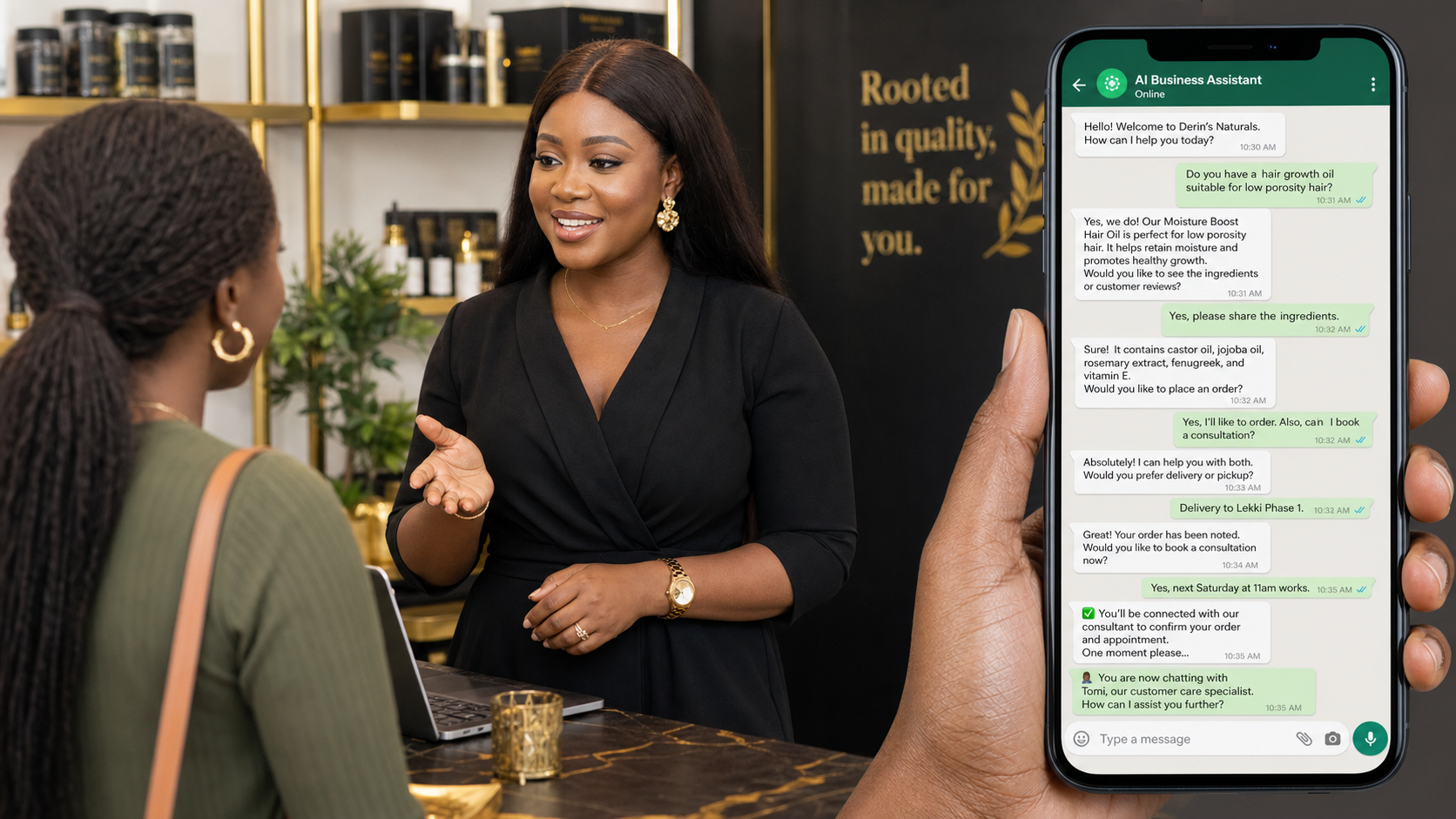 Nigerian business owner using a WhatsApp-style AI customer service and sales workflow on a smartphone