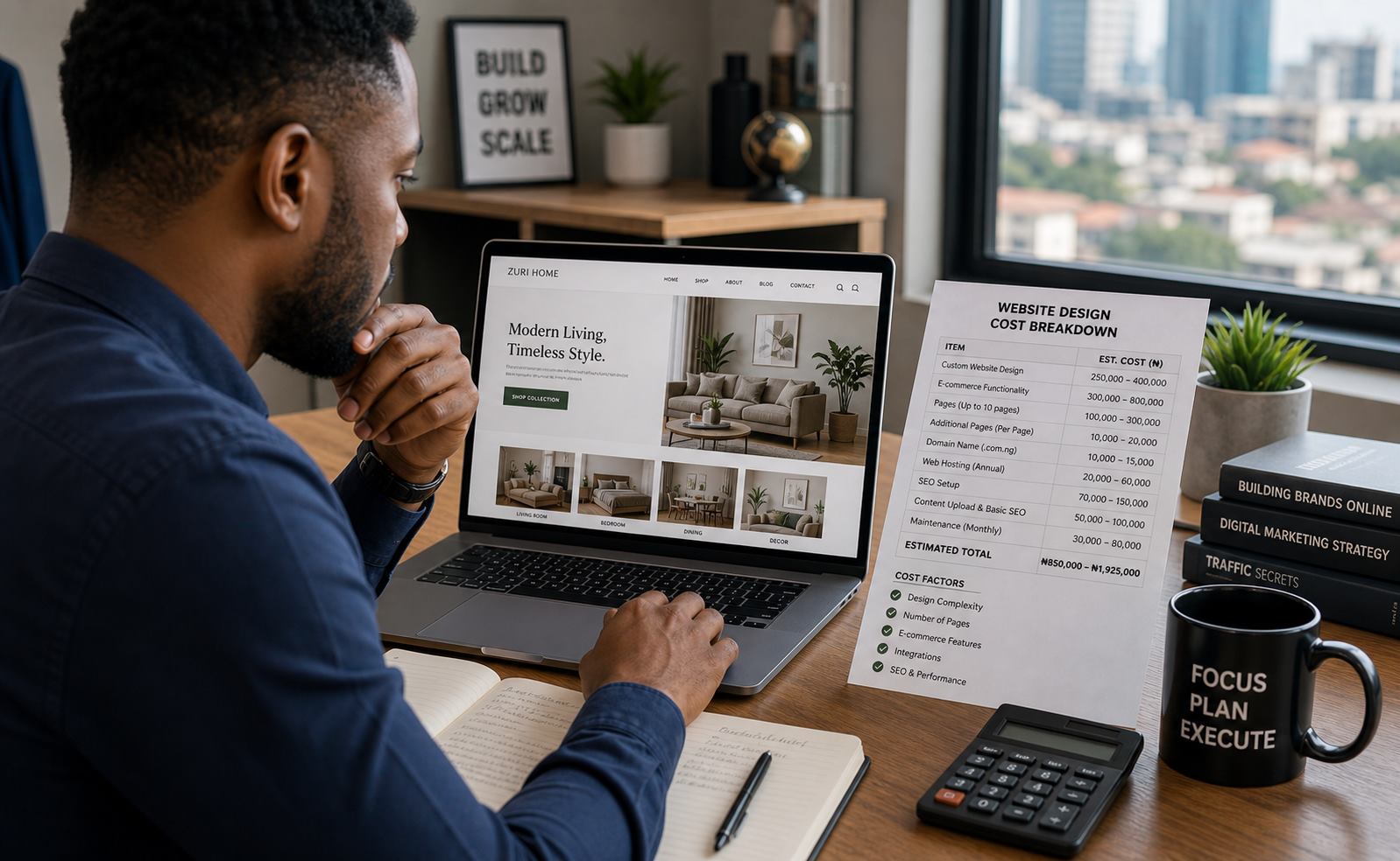 Business owner reviewing website design cost breakdown beside a laptop website mockup