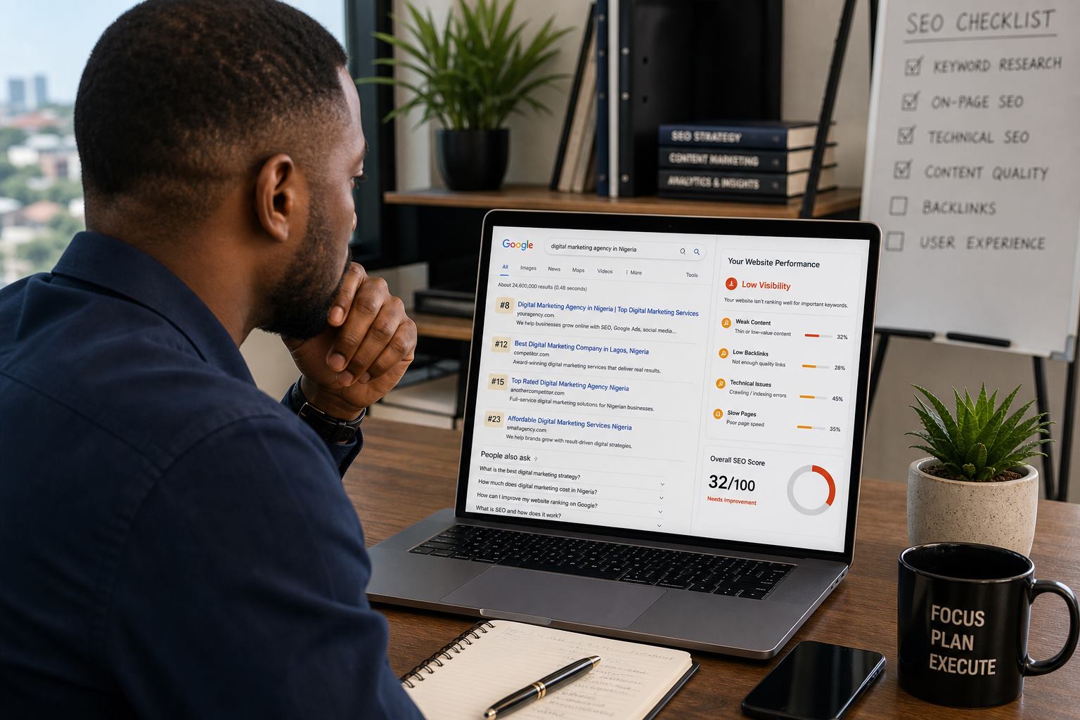 Business owner reviewing website traffic drops, AI summaries, and weak search visibility on a laptop