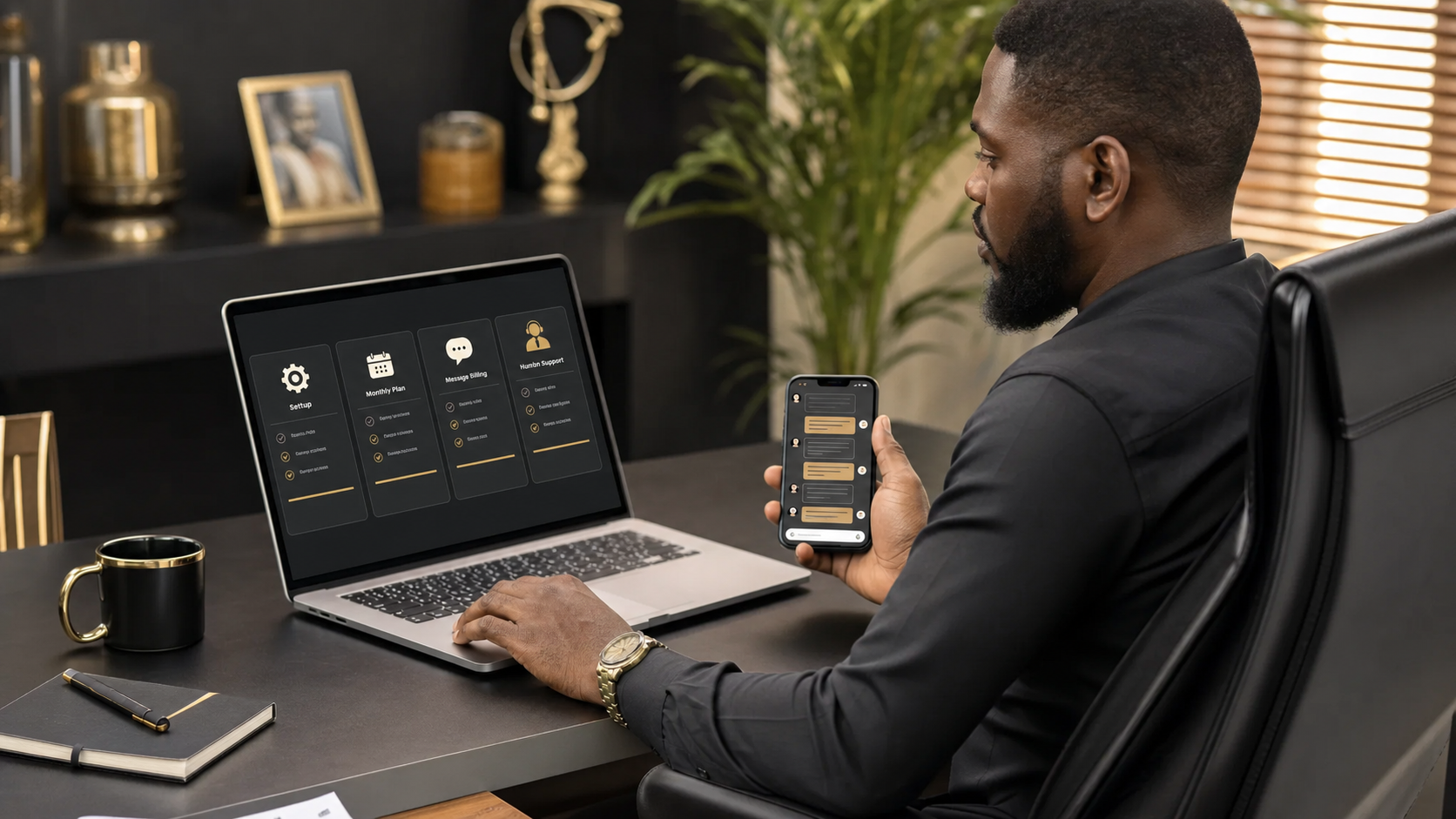 Nigerian business owner comparing WhatsApp AI chatbot setup and running costs on a laptop and smartphone
