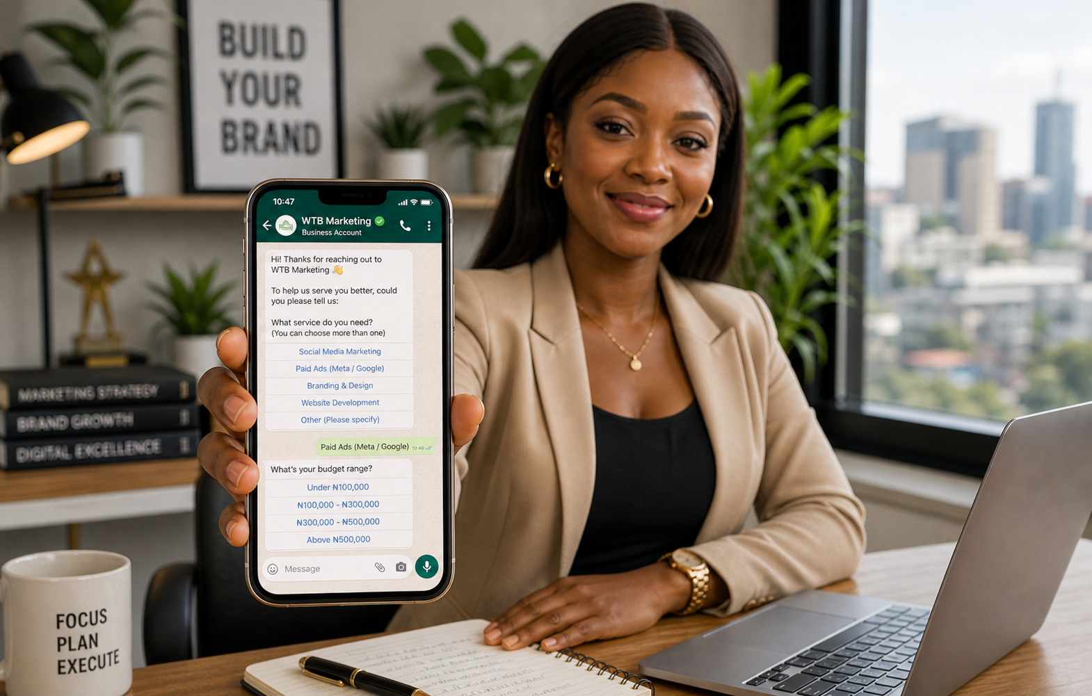 Nigerian business owner using WhatsApp to answer customers and manage sales follow-up