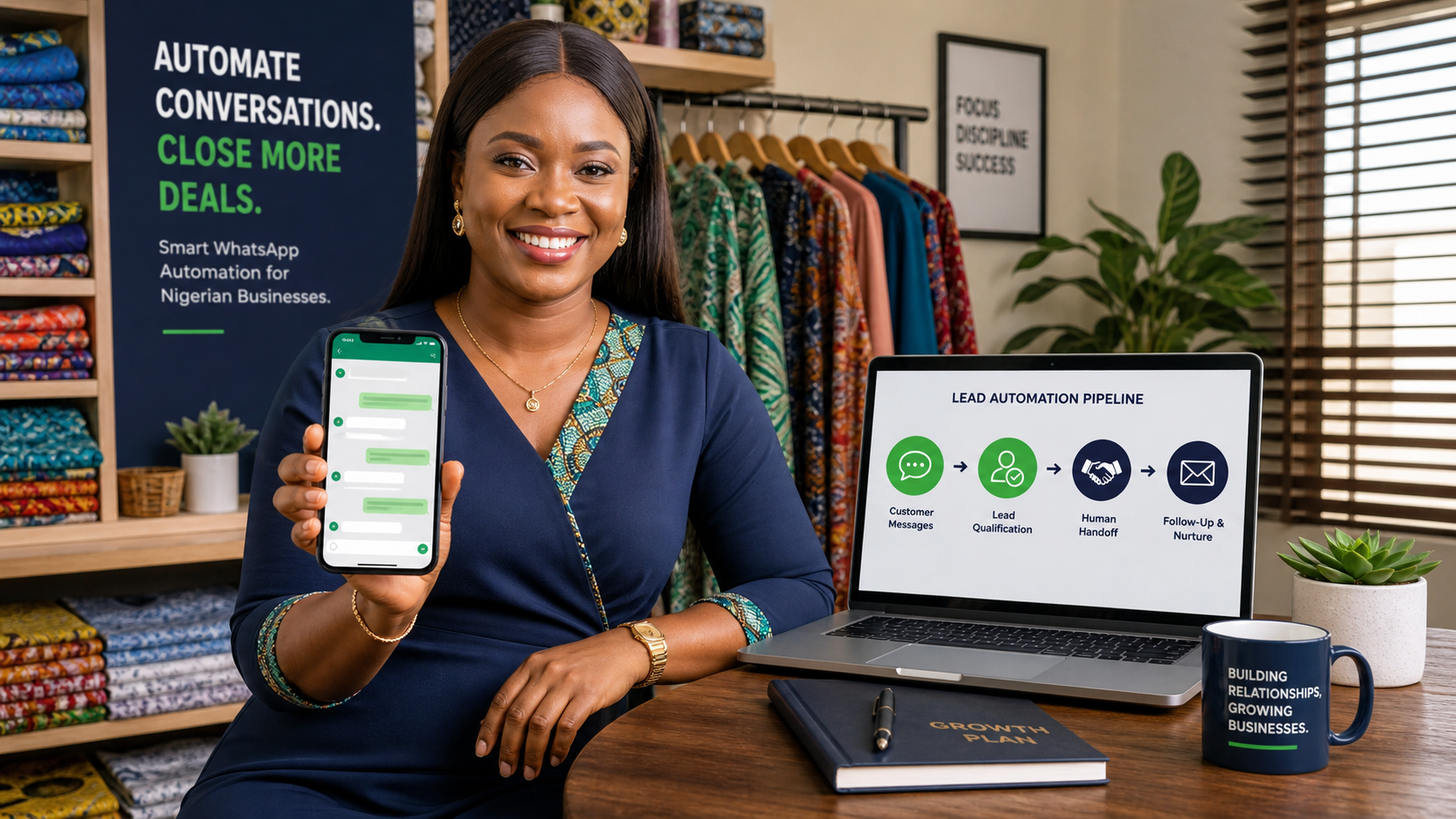 Nigerian business owner using WhatsApp lead automation with a sales workflow on a laptop
