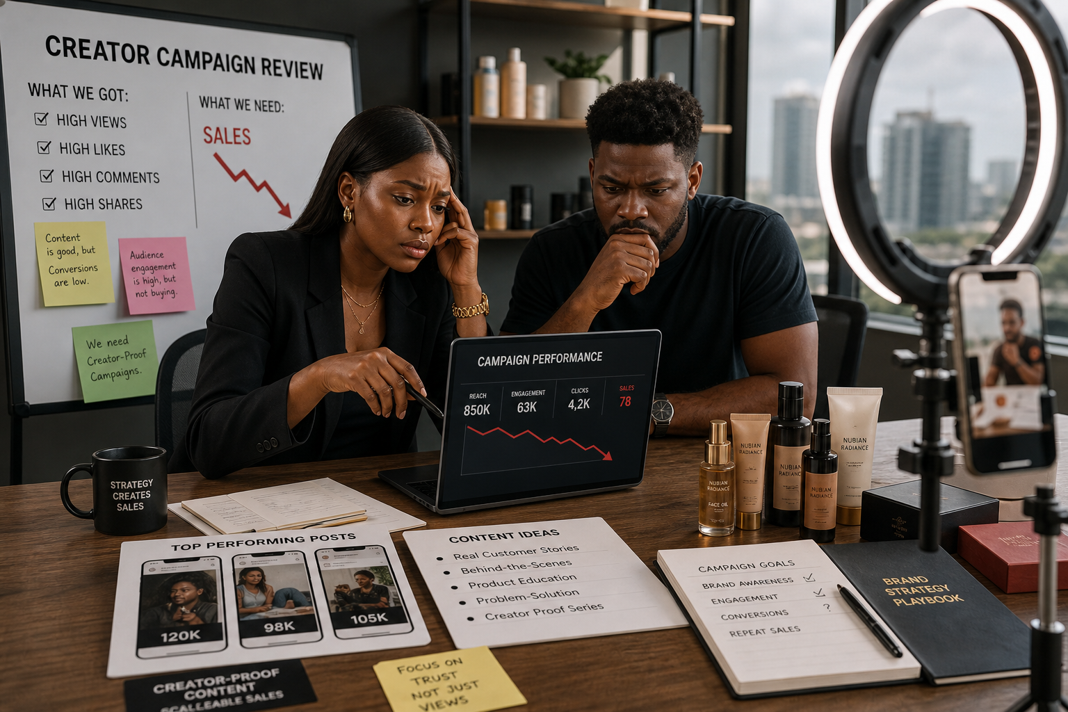 Nigerian brand manager and creator reviewing weak campaign sales and creator content strategy on a laptop