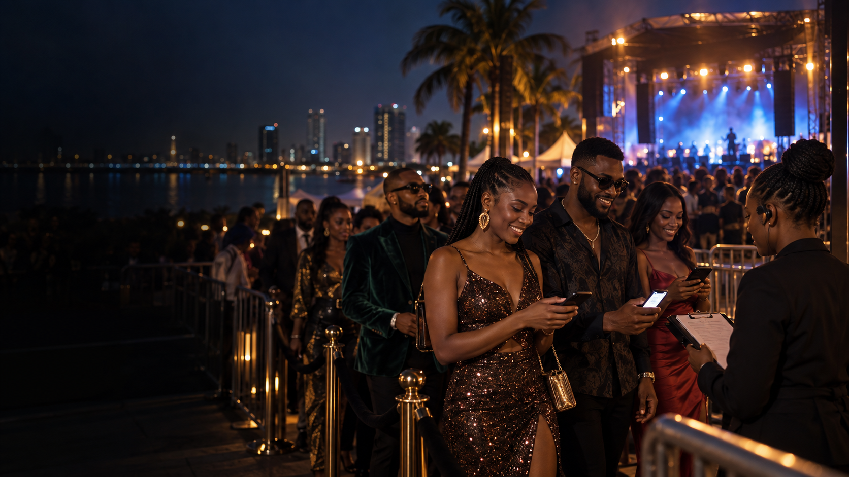 Nigerian friends checking mobile tickets before a Lagos night event