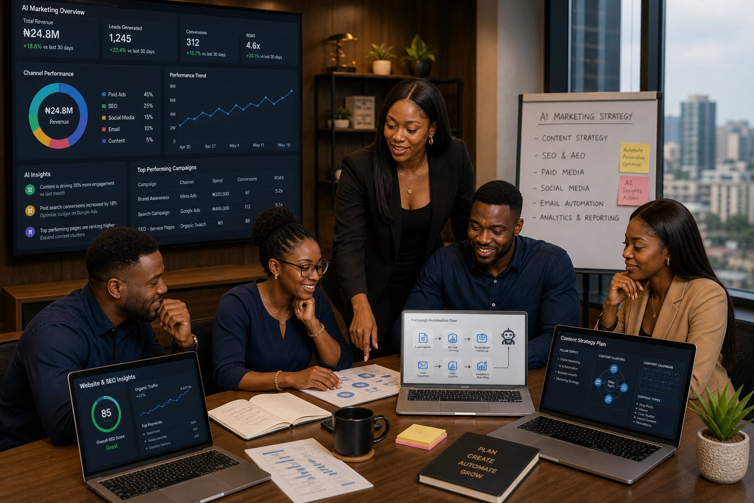 Nigerian AI marketing team reviewing dashboards, content strategy, automation flow, and campaign planning together