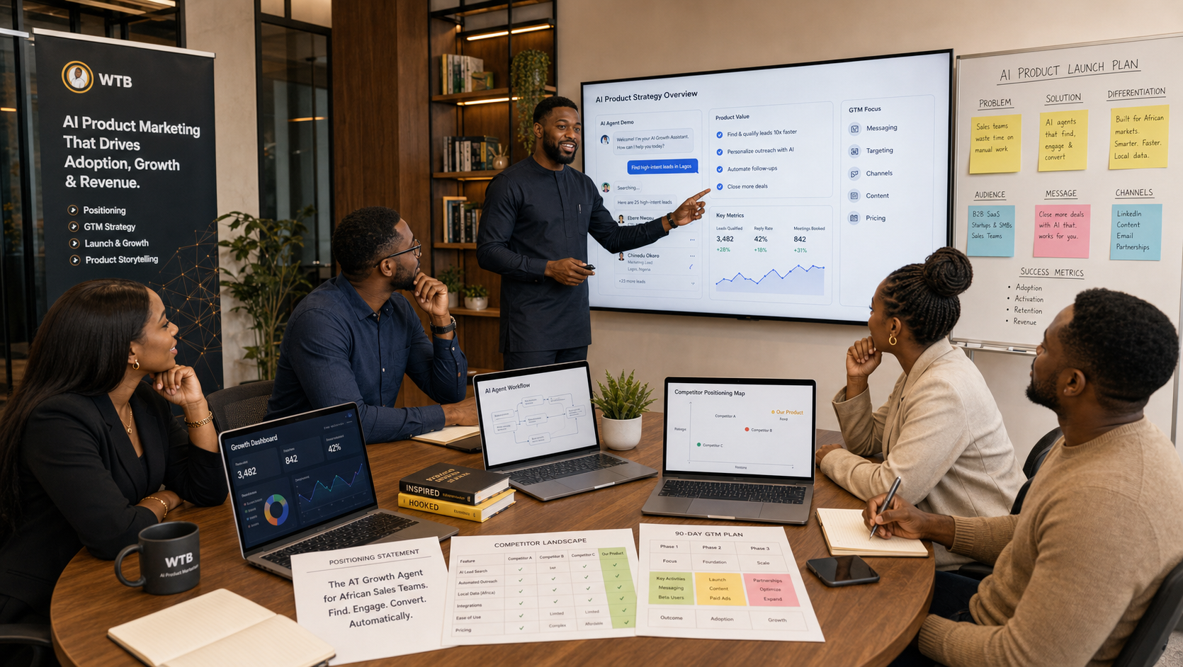 Nigerian product marketing team presenting AI product strategy, positioning, and growth plan