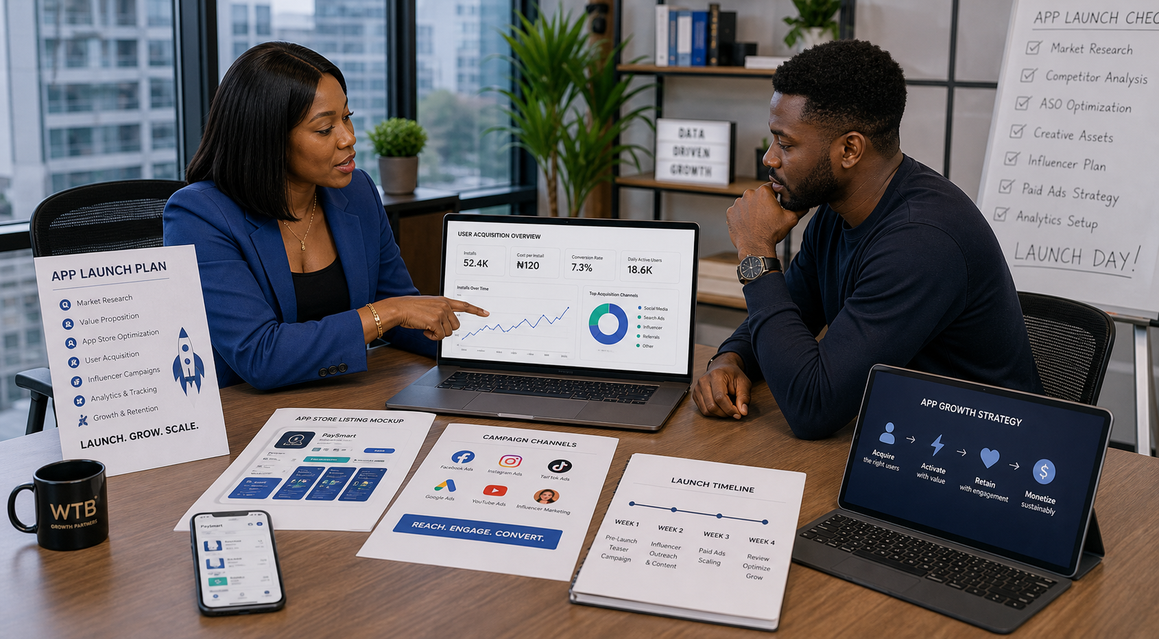 Nigerian product founder and app growth strategist reviewing app launch plan, user acquisition, and app marketing channels together