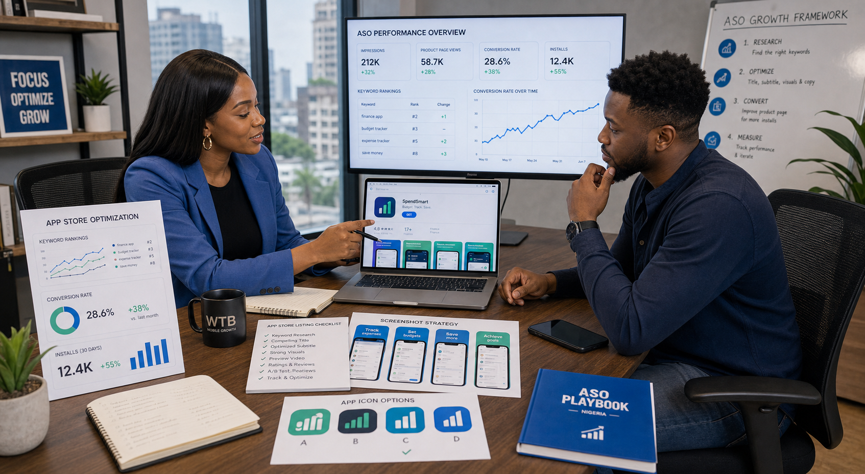 App growth planning board showing store listing support and app launch sequence