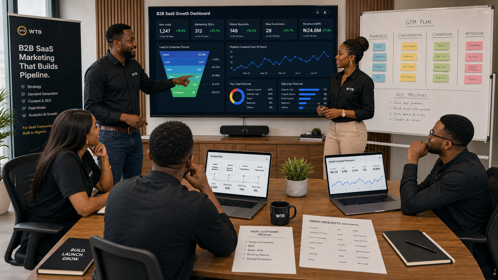 Nigerian B2B SaaS growth team reviewing pipeline dashboard, nurture flow, and demo request performance
