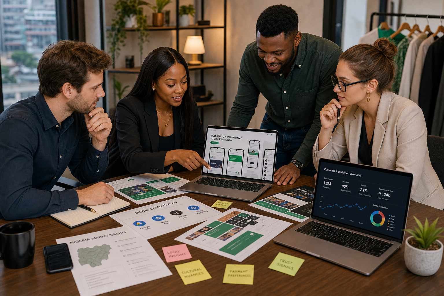 International brand team and Nigerian strategist reviewing launch pages, acquisition dashboards, and local market insights for Nigeria entry