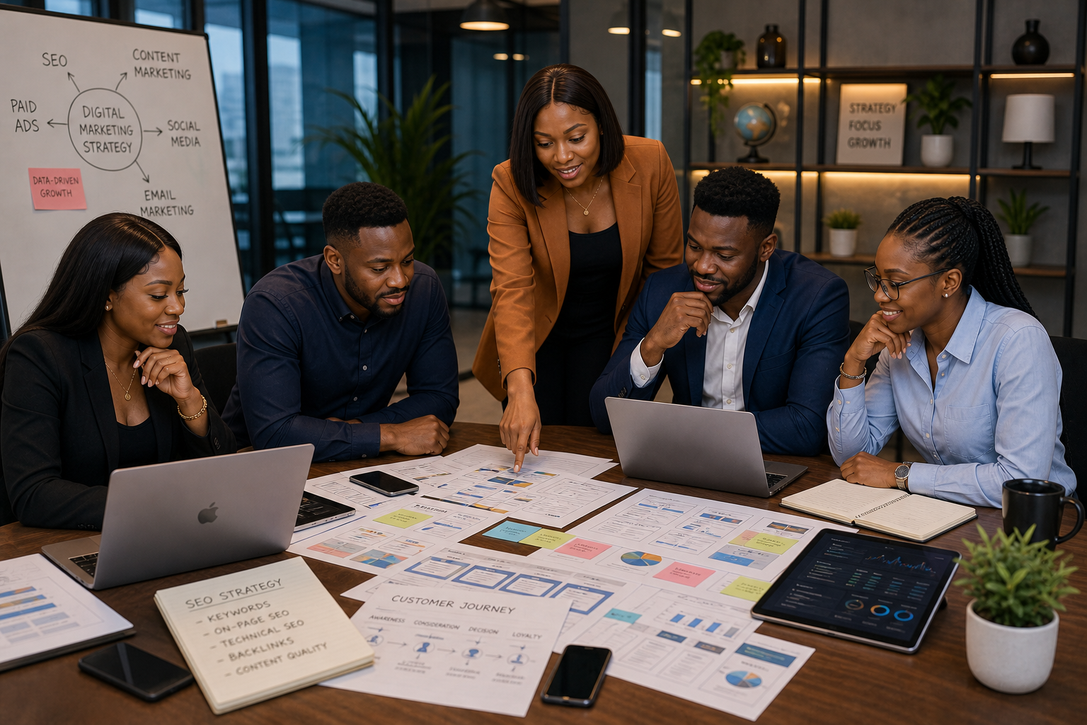 Nigerian digital marketing team reviewing campaign plans, SEO strategy, customer journey documents, and performance reports together