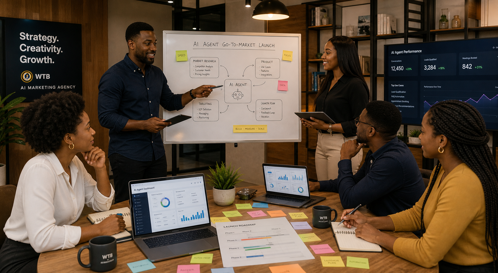 Nigerian business team planning the launch of an AI agent product with roadmap, analytics, and go-to-market workflow