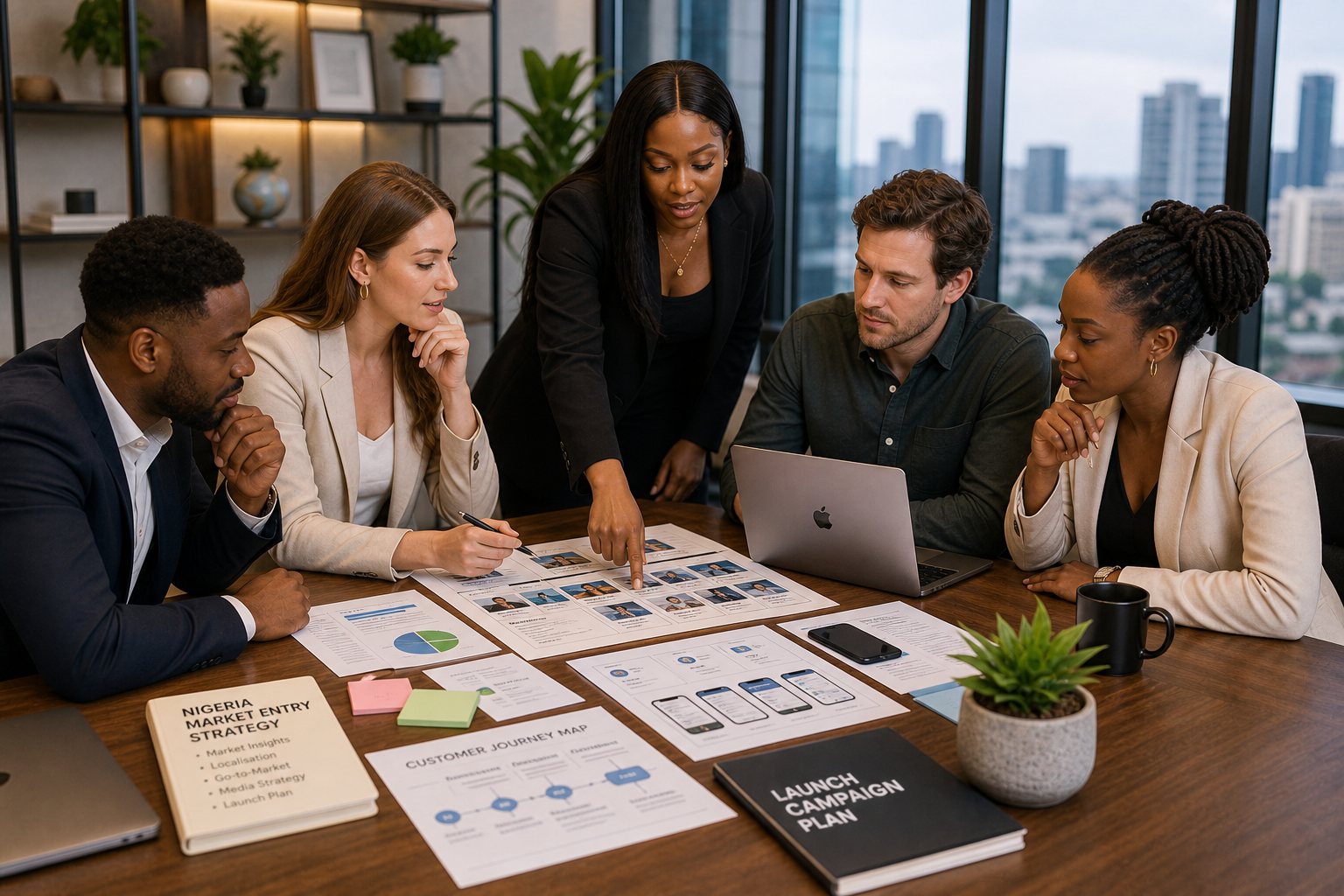 International team and Nigerian strategist reviewing Nigeria launch plans, audience segmentation, and go-to-market strategy documents together