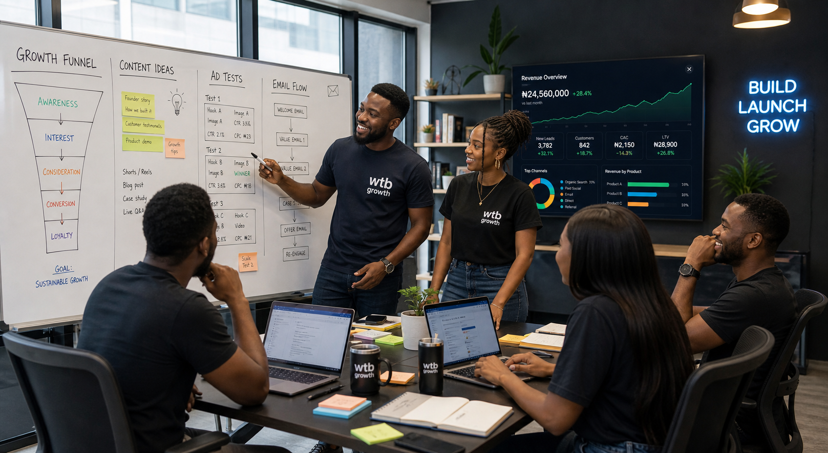 Nigerian startup growth team reviewing funnel stages, content ideas, ad tests, and revenue dashboard