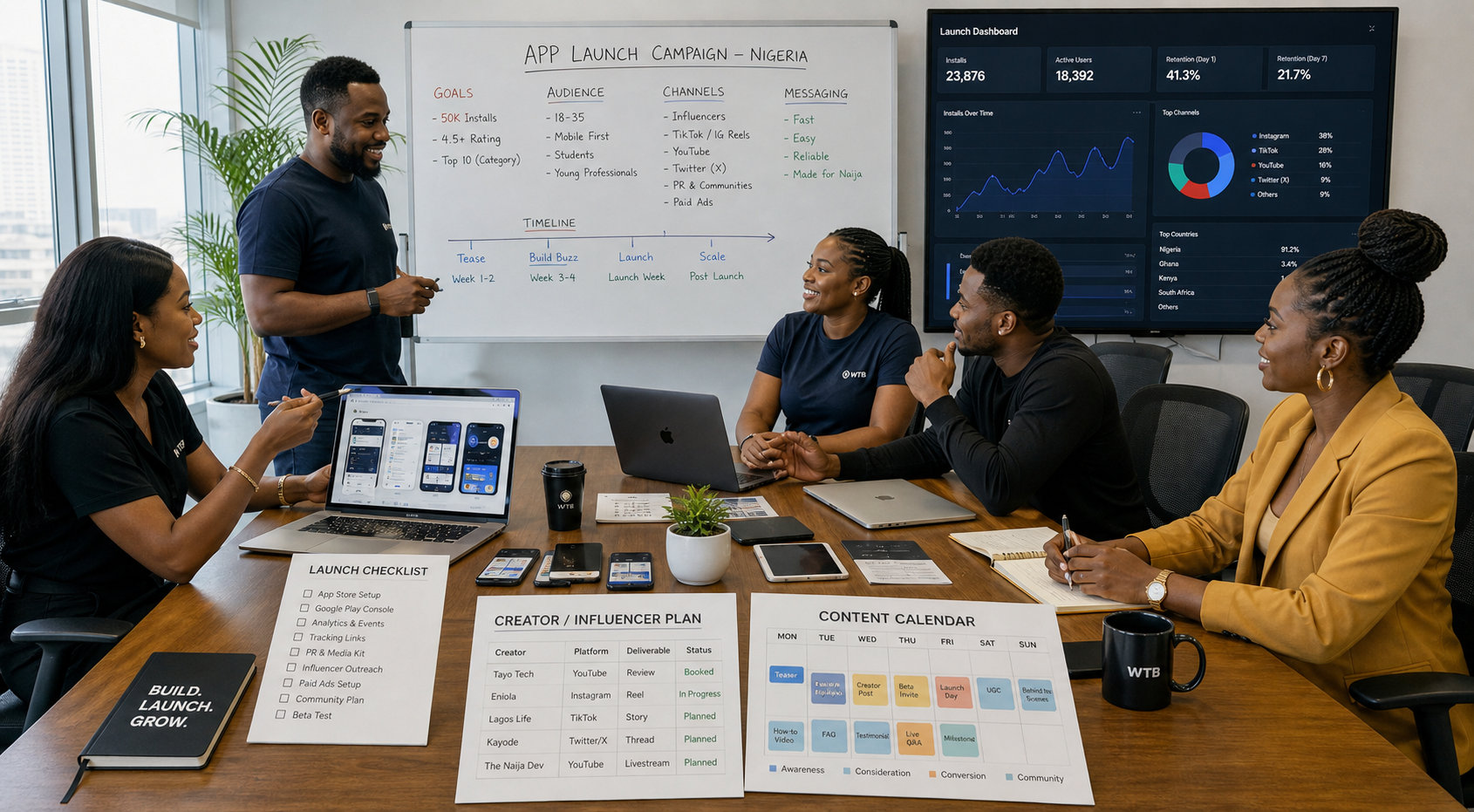 Nigerian product and marketing team planning an app launch in Nigeria with channel mix, creator outreach, and launch dashboard