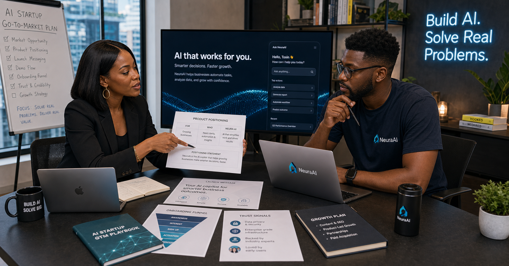 Nigerian AI founder and marketing strategist reviewing AI product positioning, launch messaging, and growth plan together