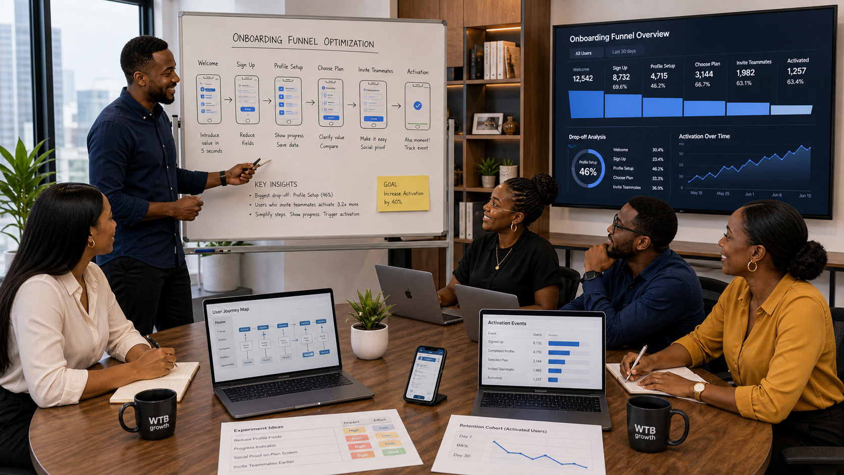 Nigerian growth team reviewing onboarding funnel, drop-off analytics, and activation events