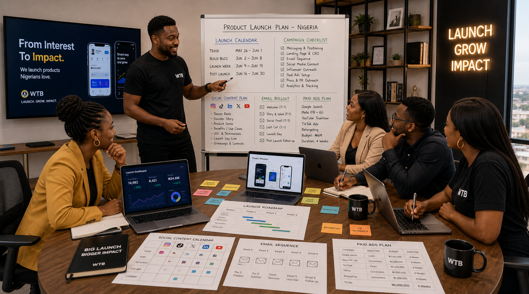 Nigerian launch team planning product release campaign, content rollout, and paid media sequence