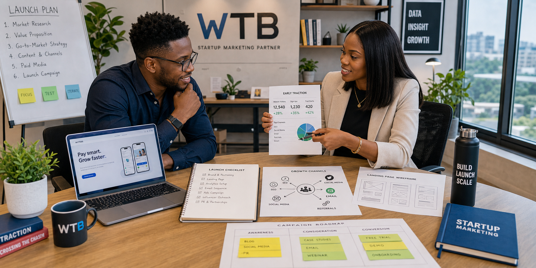 Nigerian startup founder and marketing strategist reviewing launch plan, traction metrics, and growth channels together