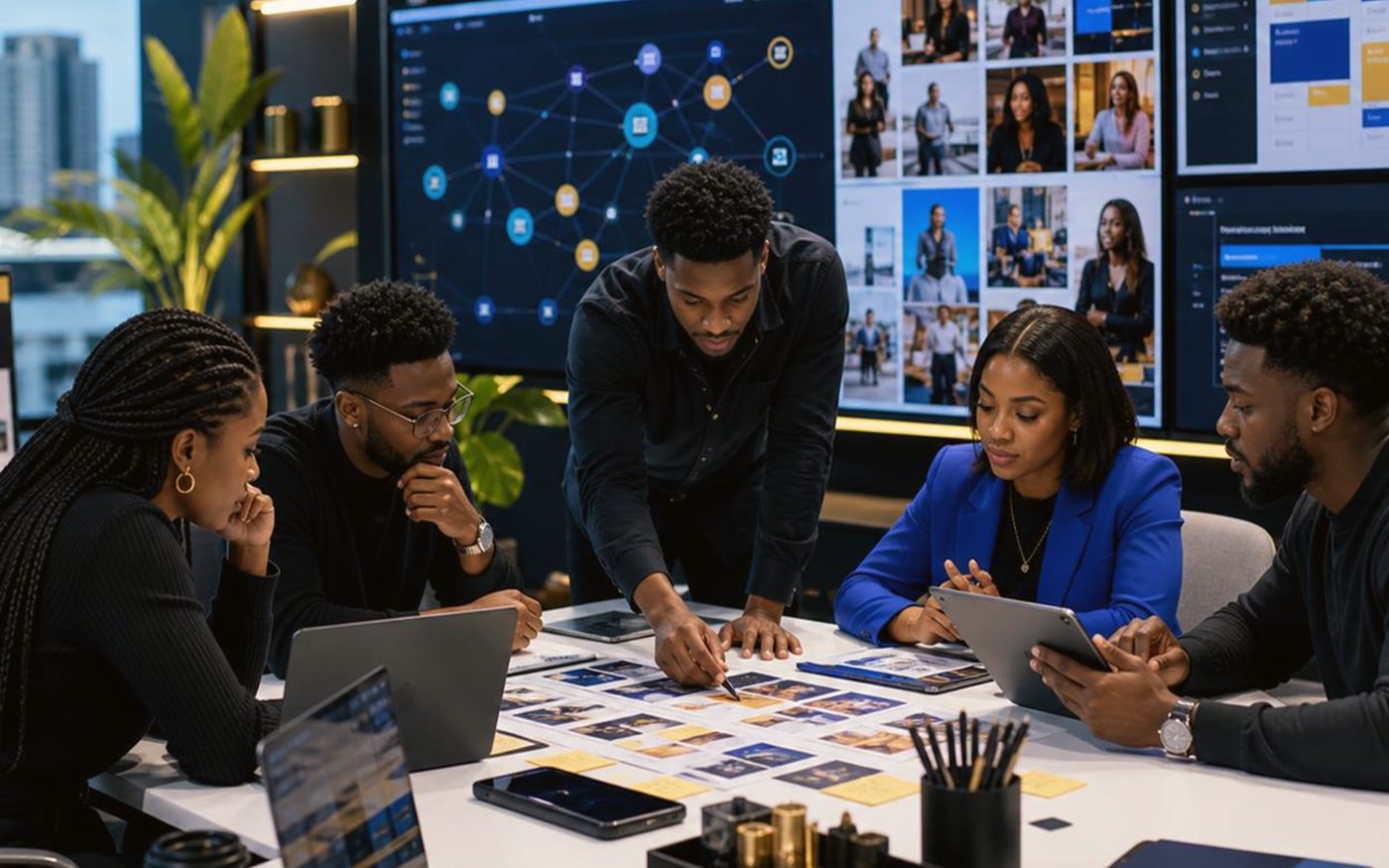 Abuja marketing team reviewing digital strategy, campaign dashboards, and lead flow