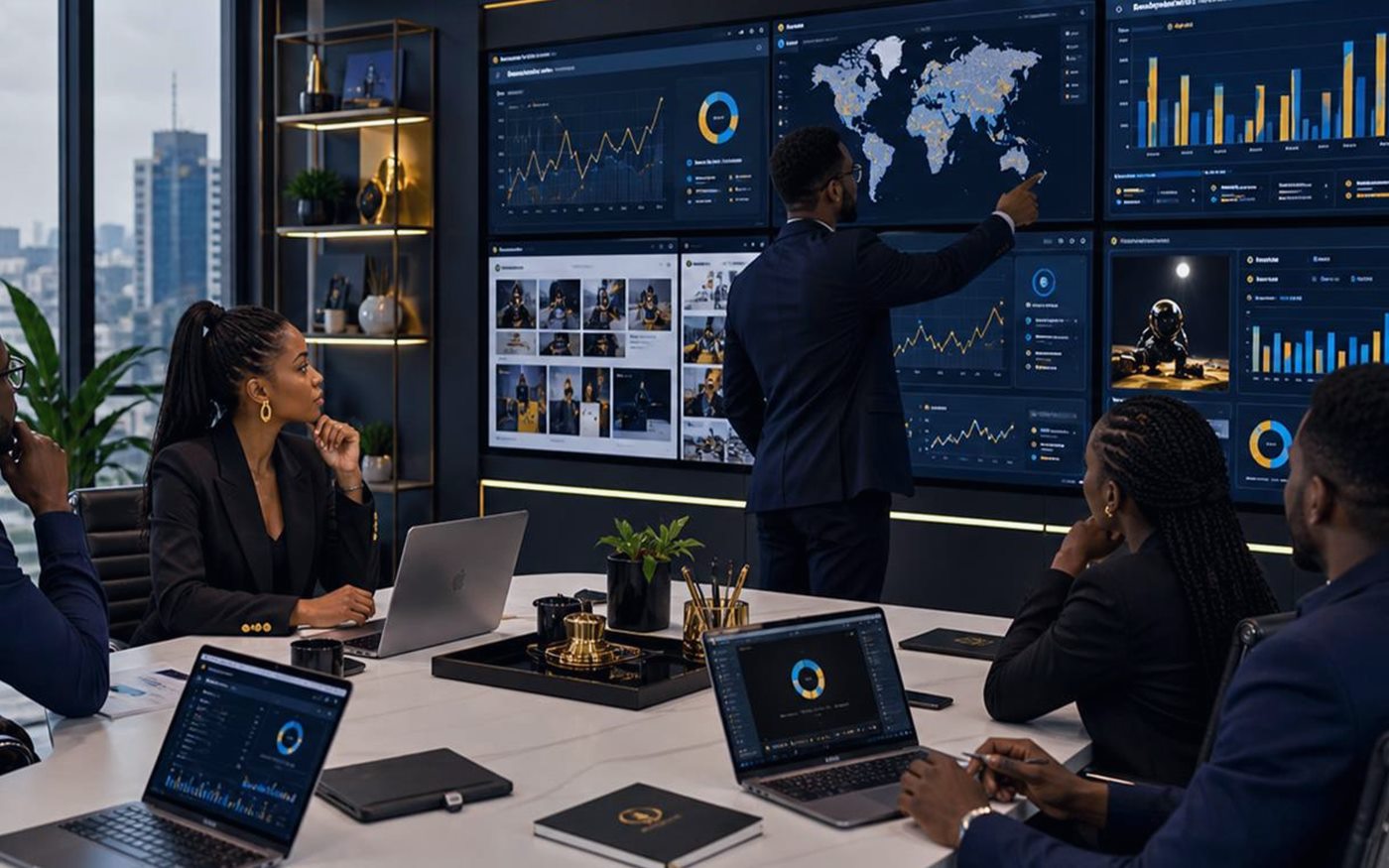Nigerian marketing team reviewing ad campaign performance, budget planning, and audience dashboards in a Lagos office