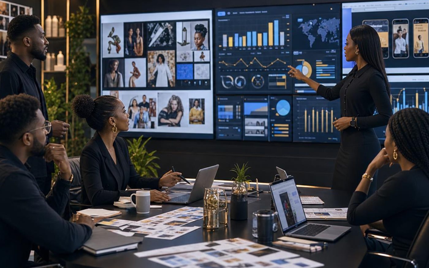 Marketing strategists mapping ecommerce discovery, audience insight, and visual content direction on a planning table