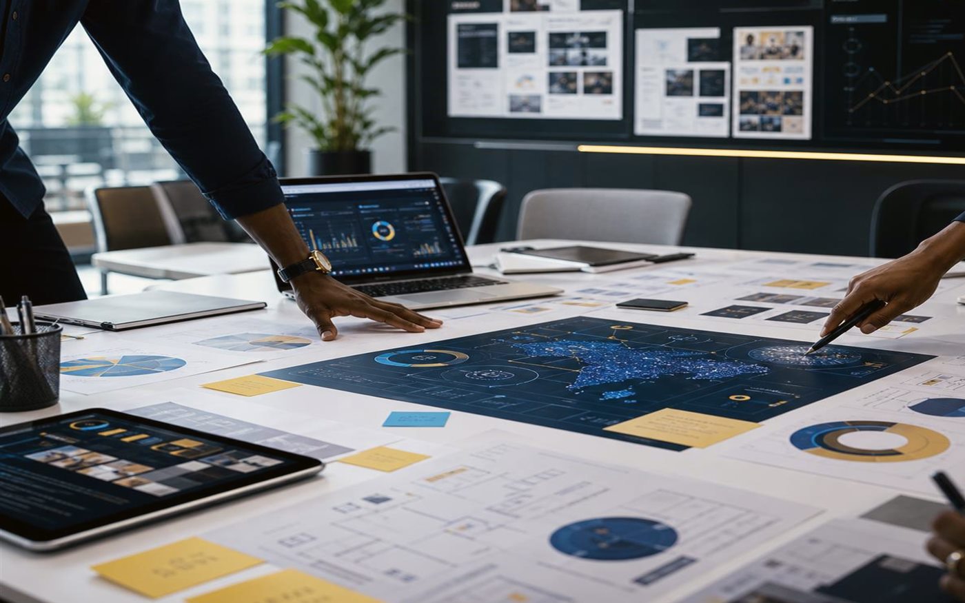 Marketing team mapping a long-term campaign system with content reuse, conversion flow, and creator strategy