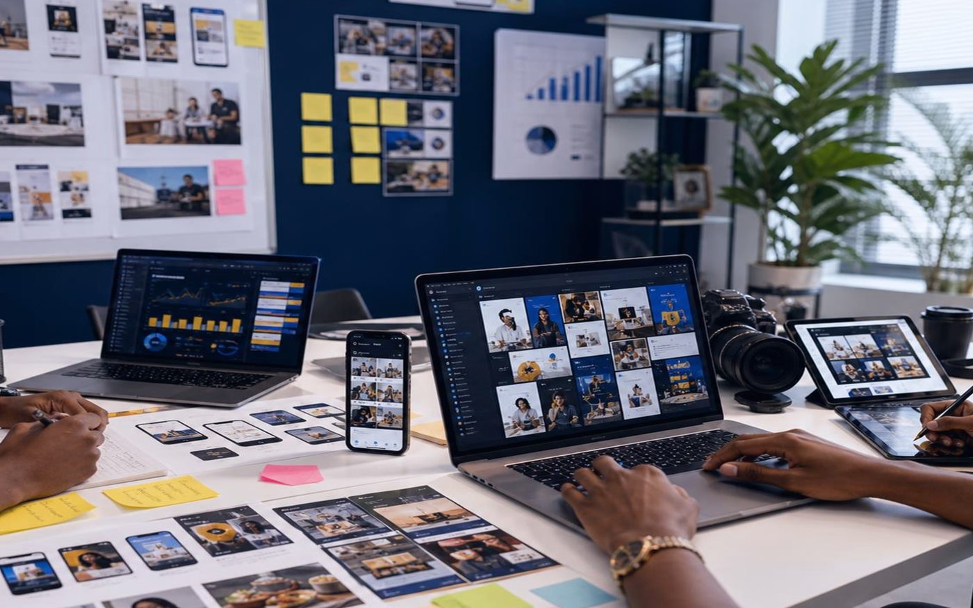 Marketing team reviewing a connected agency system covering strategy, content, SEO, ads, and websites