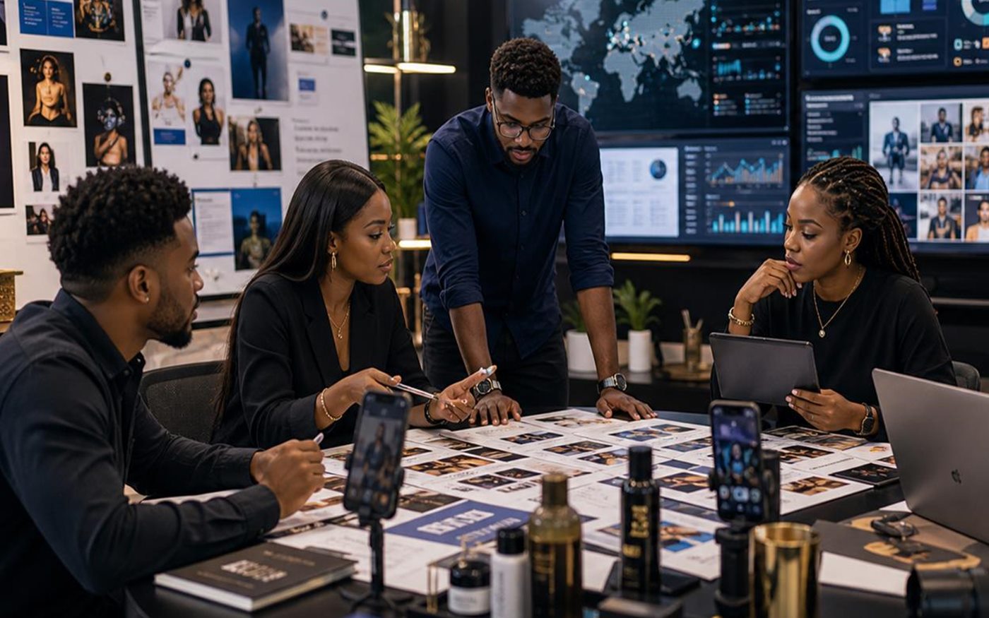 Abuja content team planning social media campaigns, creator briefs, and reporting for a brand
