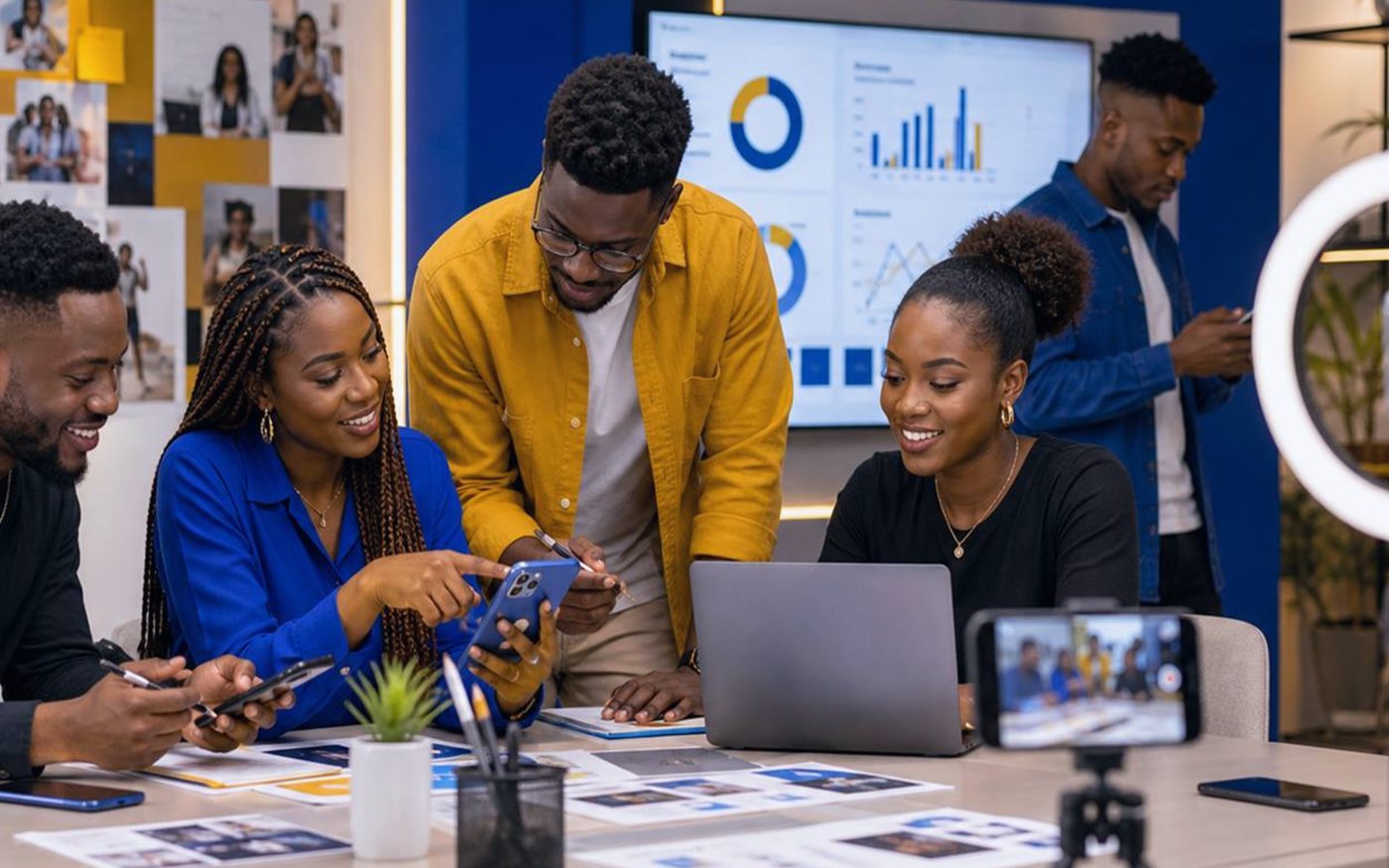 Lagos content team planning social media campaigns, creator briefs, and reporting for a brand