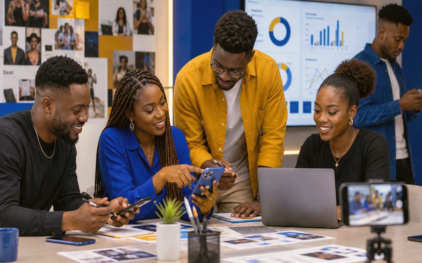 Brand team reviewing creator content, UGC samples, and campaign notes together