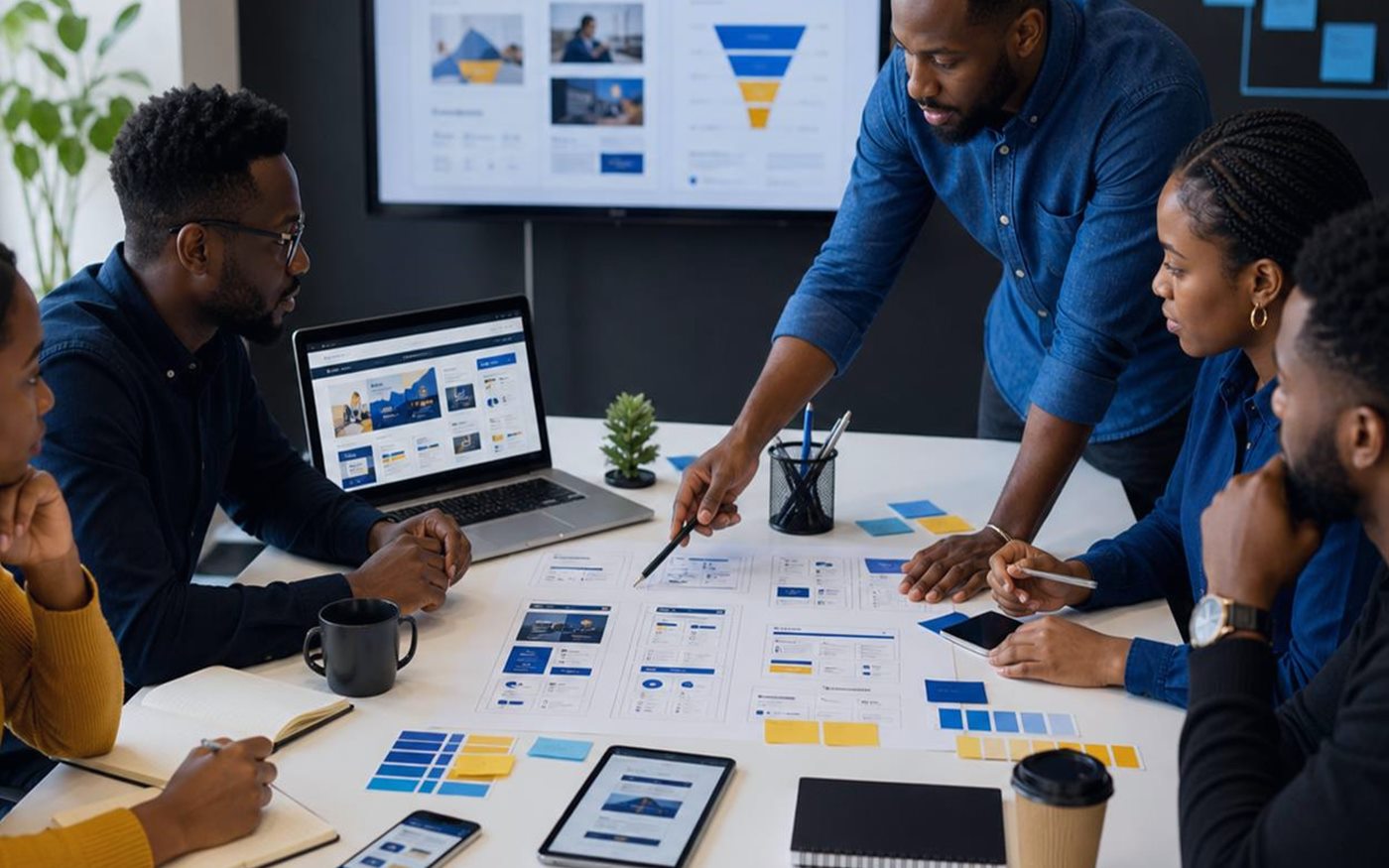 WTB team planning an Abuja business website with page structure, wireframes, and conversion goals