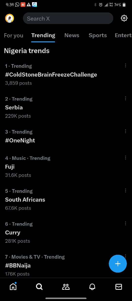 X Nigeria trends screenshot showing Cold Stone Brain Freeze Challenge at number one